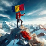 An climber conquers a towering peak, planting the Chad flag as a testament to human ambition and national pride.