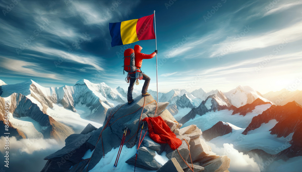 An climber conquers a towering peak, planting the Chad flag as a testament to human ambition and national pride.