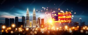 MALAYSIA INDEPENDENCE DAY 31ST OF AUGUST" letters shining, Malaysian flag, detailed skyline silhouette, lush vegetation