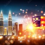 MALAYSIA INDEPENDENCE DAY 31ST OF AUGUST" letters shining, Malaysian flag, detailed skyline silhouette, lush vegetation