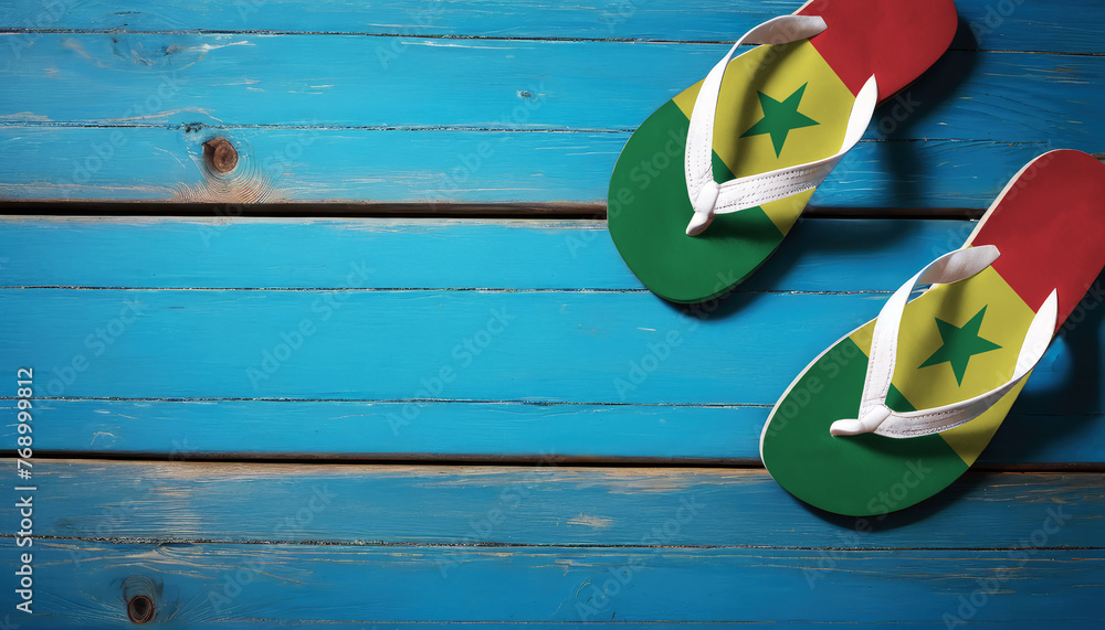 Pair of beach sandals with flag Senegal. Slippers for summer sea vacation. Concept travel and vacation in Senegal.