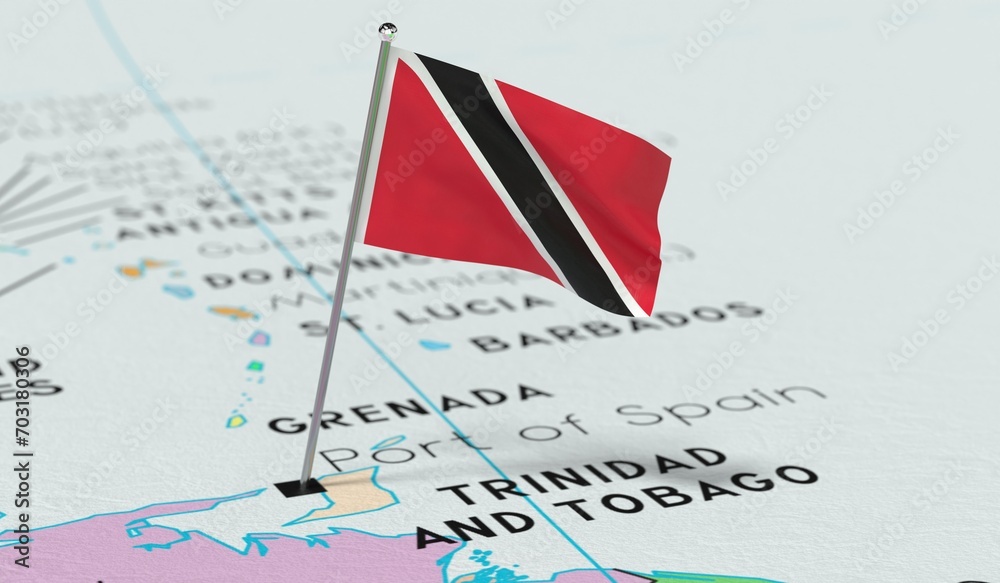 Trinidad and Tobago, Port of Spain - national flag pinned on political map - 3D illustration