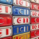 Close-up of colorful Tunisia license plates on display, Tunisia, plates, car, vehicle, close-up, colorful, display